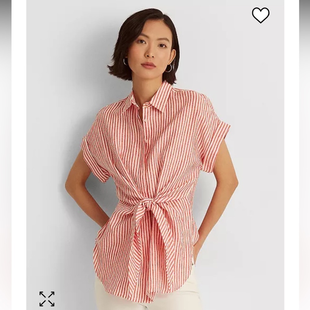 Lauren Ralph Lauren striped tie front linen shirt, red and white, size M